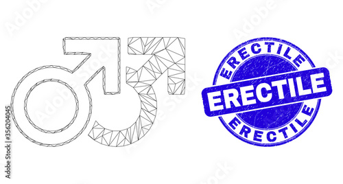 Web mesh gay pair symbol icon and Erectile seal stamp. Blue vector rounded distress stamp with Erectile message. Abstract carcass mesh polygonal model created from gay pair symbol icon.