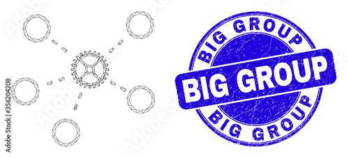 Web carcass gear links icon and Big Group seal stamp. Blue vector rounded scratched stamp with Big Group phrase. Abstract carcass mesh polygonal model created from gear links icon.
