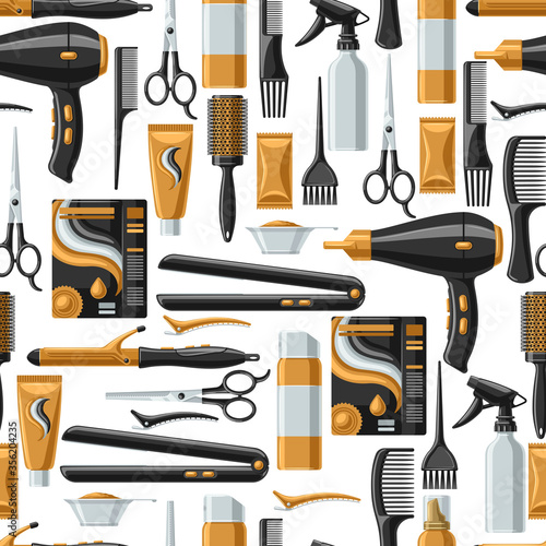 Barbershop seamless pattern with professional hairdressing tools.