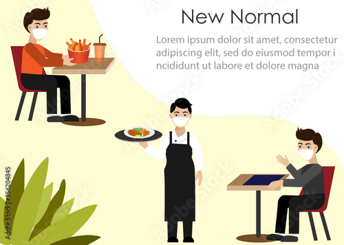 New normal life in social distancing during COVID-19 pandemic. Waiter in restaurant serving food to customer,wearing face mask, keeping distance to protect from COVID-19 coronavirus spreading. 