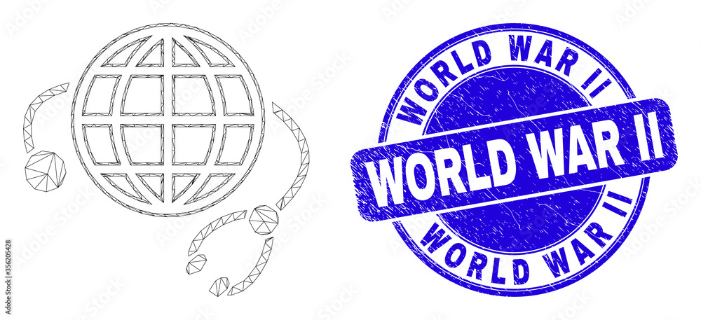 Obraz premium Web mesh global medical service icon and World War Ii seal stamp. Blue vector rounded scratched seal stamp with World War Ii message.