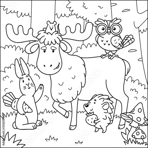 Cute animals in the forest. Coloring book for children. Cartoon vector illustration.
