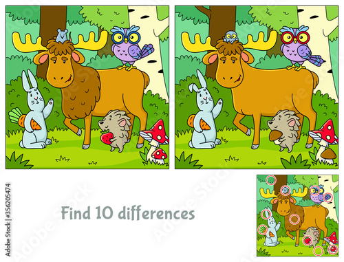 Wild animals in the forest. Find 10 differences. Educational game for children. Cartoon vector illustration.