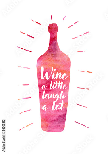 Hand drawn label with wine bottle, sunburst and lettering. Vector typography illustration for card, poster, bar or pub menu.