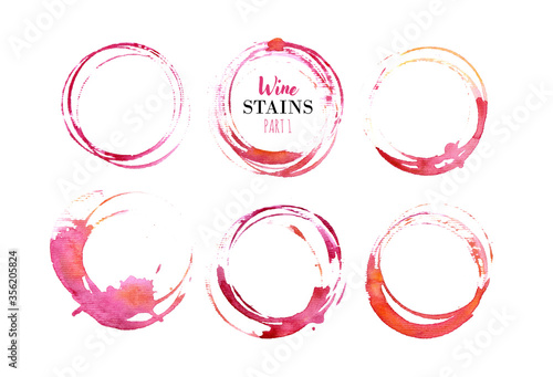 Vector set of isolated red wine stain circles. Wine stain logo design. Wine bottom glass ring stains for badge design. Watercolor hand drawn glass marks of wine stain on white background