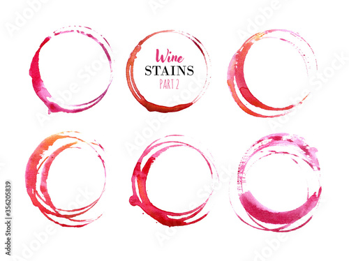 Vector set of isolated red wine stain circles. Wine stain logo design. Wine bottom glass ring stains for badge design. Watercolor hand drawn glass marks of wine stain on white background