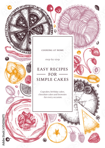 Hand sketched cakes and pies design in color. Hand drawn home cooked meals ingredients. Cooking at home, step-by-step recipes or cooking classes flyer template. Unique vintage frame design.