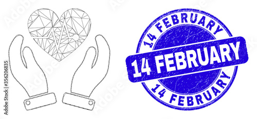 Web carcass heart surgery care hands icon and 14 February seal stamp. Blue vector rounded grunge seal with 14 February phrase.