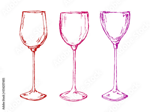 A set of drawings of glass on white background. Three empty hand-drawn wine glasses. Doodle cartoon style.
