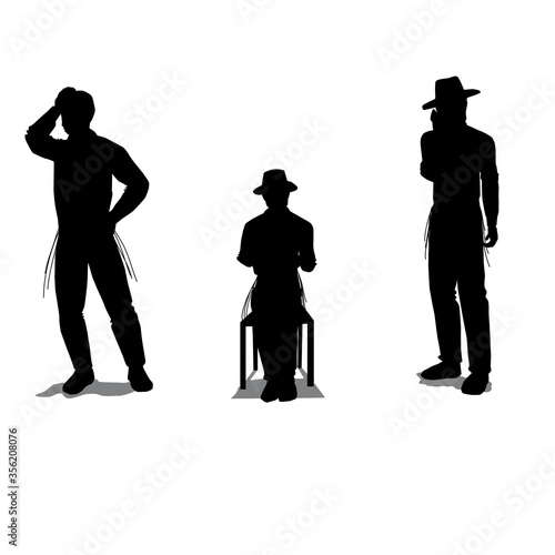 Three black silhouettes of Jewish people with hats,
The figure on the right speaks on the phone, the middle sits on the chair and drinks, the left sighs and holds the hand to the head anxiously.
