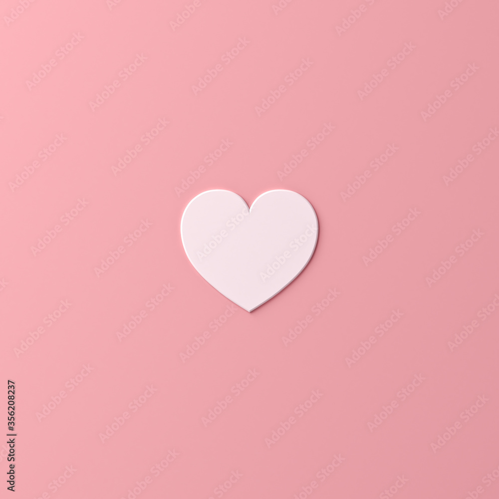 Abstract white heart shape isolate on pink pastel color background with shadow 3D rendering