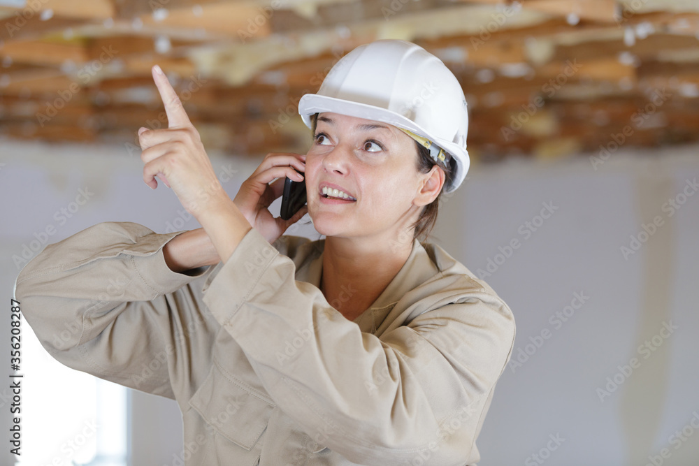 smart woman builder in helmet pointing smart woman builder in helmet pointing
