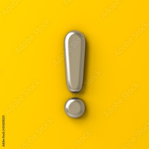 Metal silver chrome exclamation mark isolated on yellow color background with shadow 3D rendering