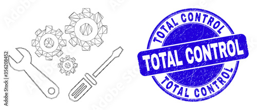 Web mesh instrumental tools icon and Total Control seal. Blue vector rounded textured seal with Total Control message. Abstract carcass mesh polygonal model created from instrumental tools pictogram.