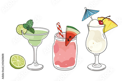Tropical summer cocktails, hand drawn isolated vector illustration