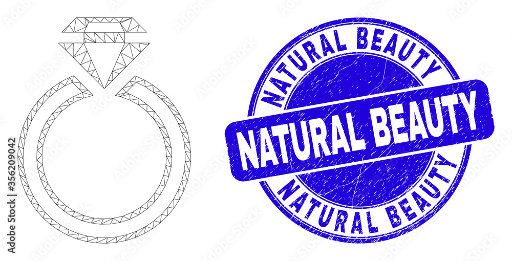 Web carcass jewelry ring pictogram and Natural Beauty watermark. Blue vector rounded distress watermark with Natural Beauty text.