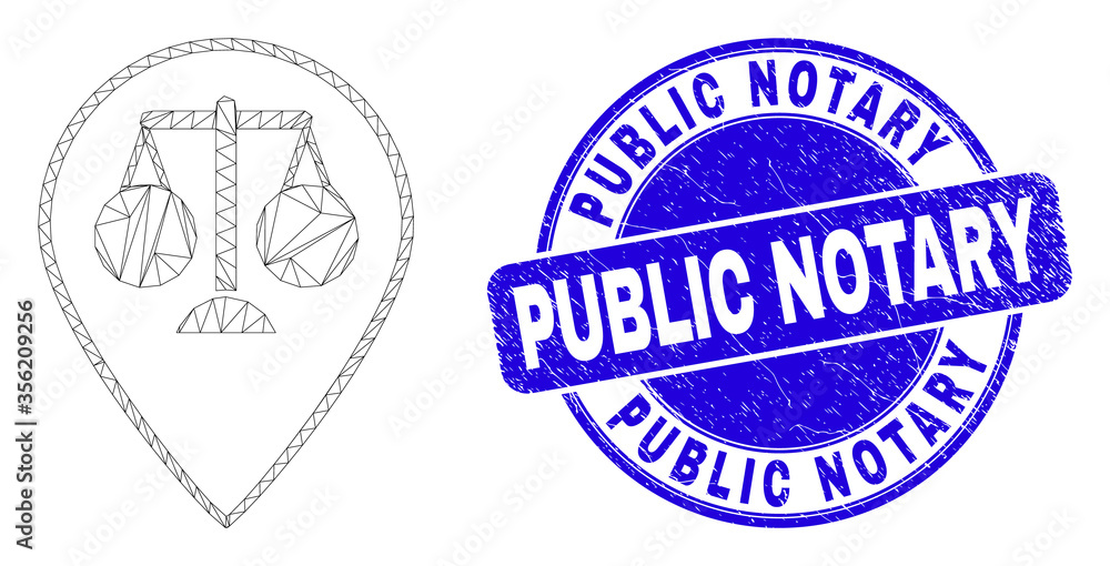 Web carcass justice map marker icon and Public Notary seal. Blue vector rounded textured seal stamp with Public Notary text. Abstract carcass mesh polygonal model created from justice map marker icon.