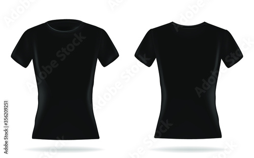 Black woman t-shirt realistic mockup set from front and back view on white background, blank textile print design template for fashion apparel - vector illustration