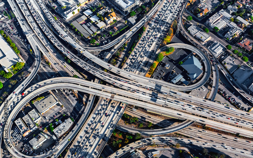 Aerial view of a massive highway intersection in Los Angeles