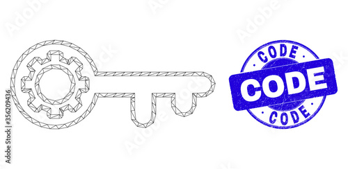 Web carcass key gear pictogram and Code seal stamp. Blue vector rounded scratched seal stamp with Code phrase. Abstract carcass mesh polygonal model created from key gear pictogram.