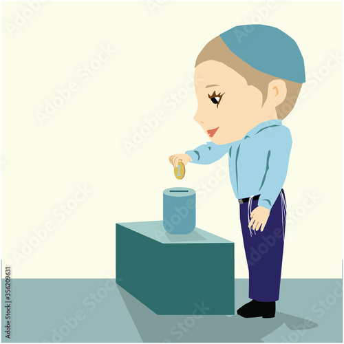 A Jewish boy observes Torah and commandments Religious orthodox. Wearing a dome and a tassel. Holds a single shekel coin in hand and puts it in a charity box that sits on a table.
cute vector drawing.