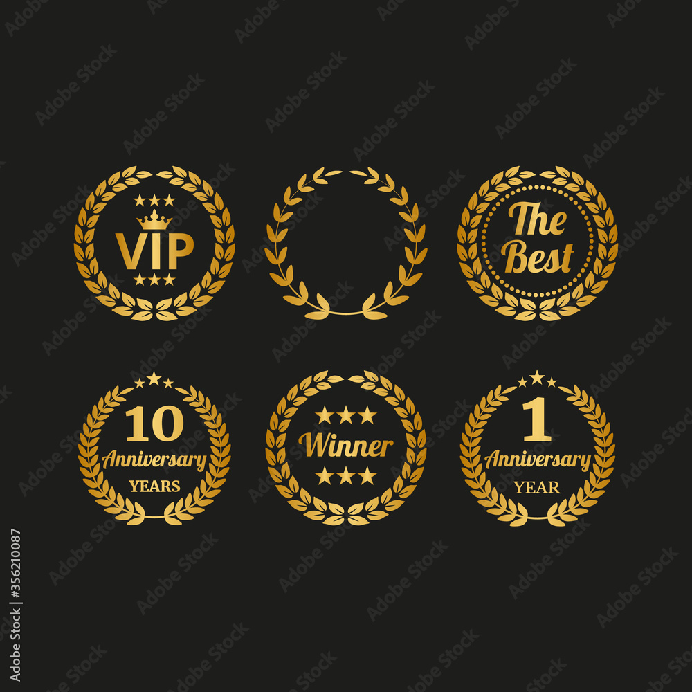 Naklejka premium Set of golden laurel wreaths on black background.