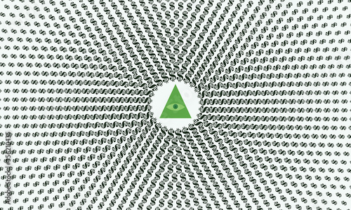Dollar sign in circle form with green triangle in center. Halftone design effect.