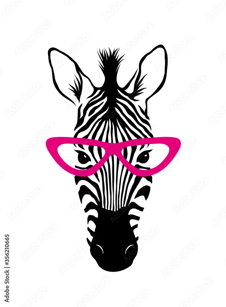 Cute zebra in pink purple glasses. Hipster animal girl. Zebra face isolated on white background vector Illustration. - obrazy, fototapety, plakaty 