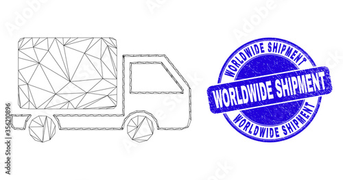 Web mesh lorry icon and Worldwide Shipment seal stamp. Blue vector round scratched stamp with Worldwide Shipment caption. Abstract carcass mesh polygonal model created from lorry icon.