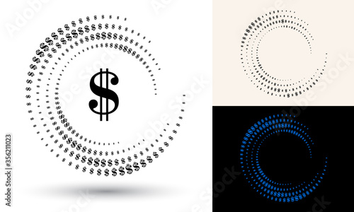 Halftone dollar sign in circle form. Round logo or icon. Vector frame as design element. In center is the repeated element.
