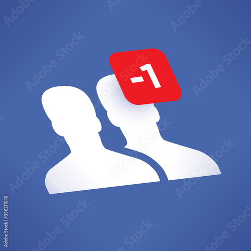Friends faces icon with minus one number symbolizing decrease of friends. Idea - Internet loneliness and solitude, Social networking (Facebook), relationships, death, loss of relatives or friends