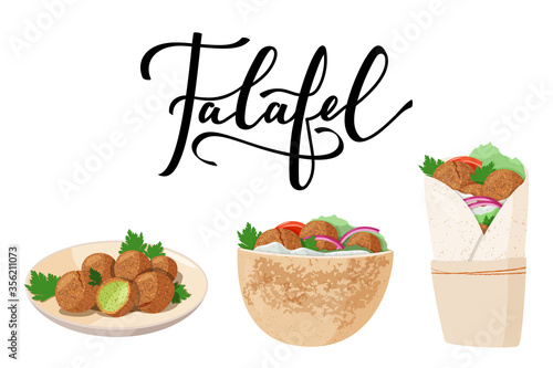 Traditional dish of Jewish cuisine Falafel. Pita sandwich, falafel on the plate and wrap, roll. Vegetarian food with tahini pasta.