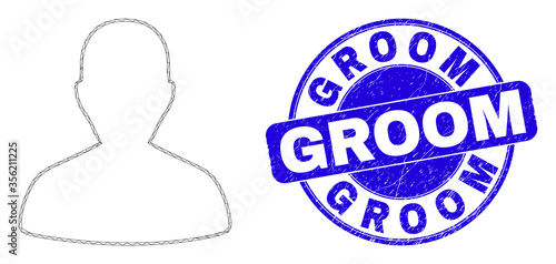 Web mesh lover heart pictogram and Groom seal stamp. Blue vector rounded distress seal stamp with Groom caption. Abstract carcass mesh polygonal model created from lover heart pictogram.