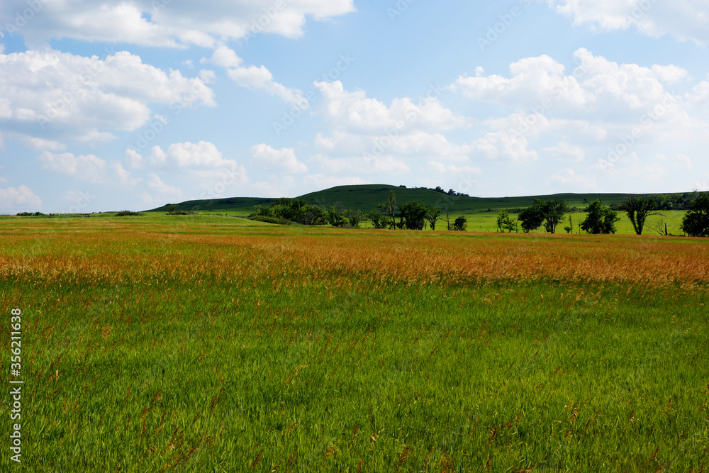 green field and blue sky with clouds in the Flint Hills of Kansas