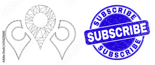 Web carcass map markers pictogram and Subscribe seal stamp. Blue vector round textured stamp with Subscribe title. Abstract carcass mesh polygonal model created from map markers pictogram.