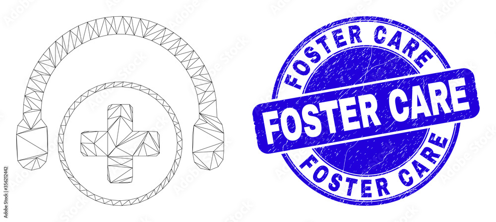 Web mesh medical assistance headphones icon and Foster Care stamp. Blue vector rounded distress stamp with Foster Care title.