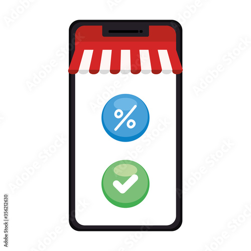 Smartphone with tent check mark and percetage sale button design of Shopping online ecommerce market retail and buy theme Vector illustration