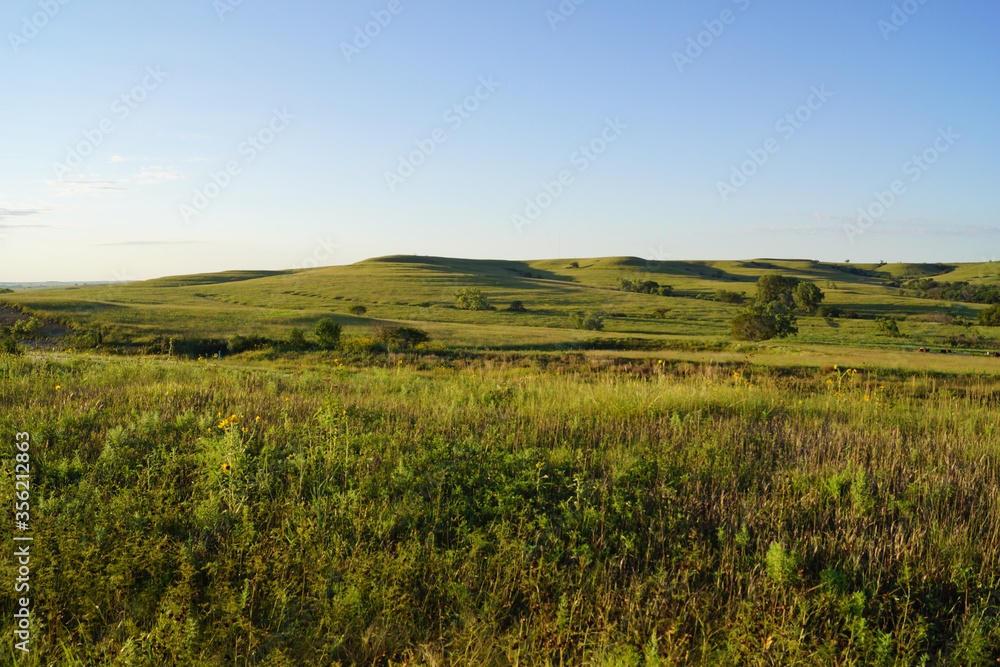 Wild prairie hills in the morning in Kansas