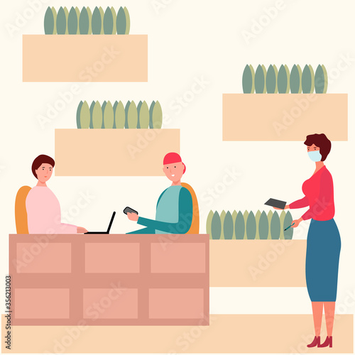 Cartoon business meeting of two men in a restaurant on a vector background. A man with a laptop, a guy with a phone and a waitress in a medical mask. Flat urban illustration. The concept of modern bus