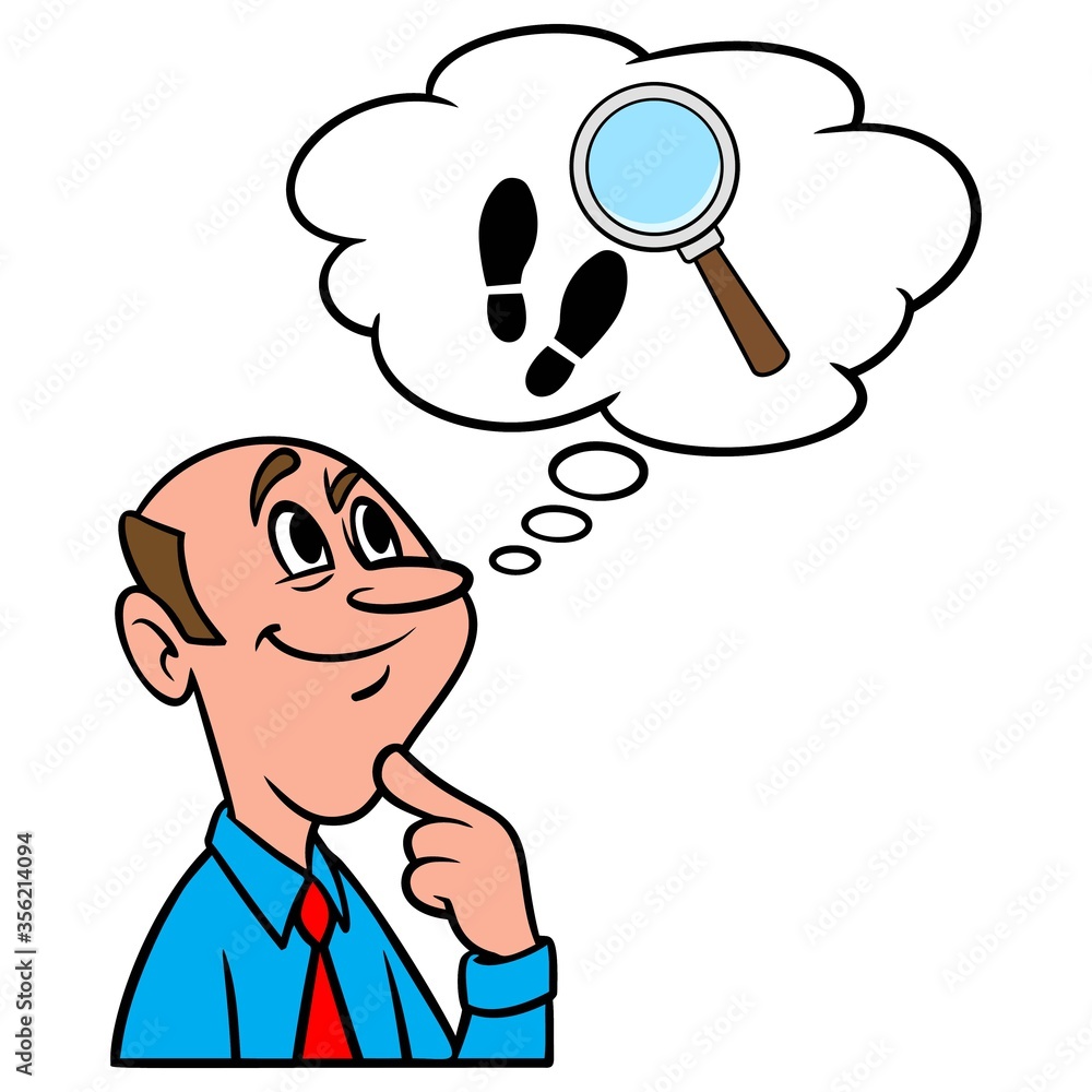 Thinking about an Investigation - A cartoon illustration of a man thinking about an Investigation. Thinking about an Investigation - A cartoon illustration of a man thinking about an Investigation.