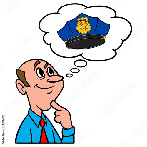Thinking about a Police Hat - A cartoon illustration of a man thinking about wearing a Police Hat.
