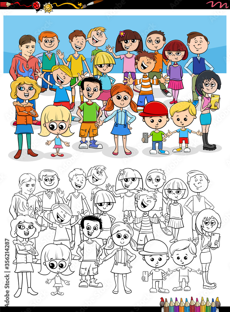 cartoon children characters group coloring book page