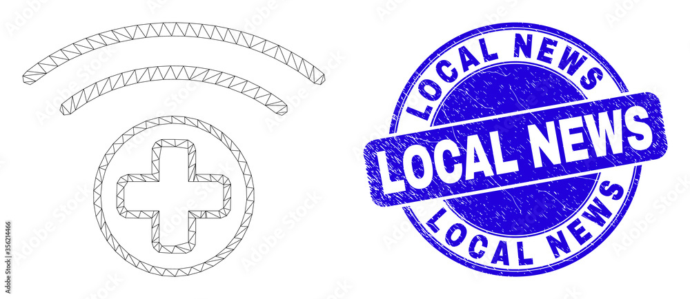Web mesh medical source icon and Local News seal stamp. Blue vector round scratched stamp with Local News title. Abstract frame mesh polygonal model created from medical source icon.