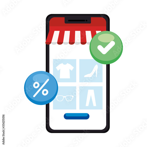 Smartphone with tent check mark and percetage sale button design of Shopping online ecommerce market retail and buy theme Vector illustration