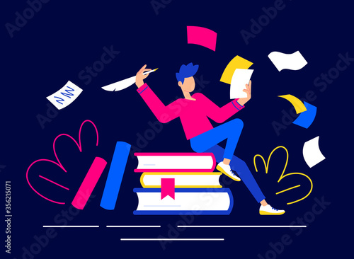 Vector creative business illustration of man with pen and paper sitting on book on dark color background. Writer starting write. Creativity inspiration concept.