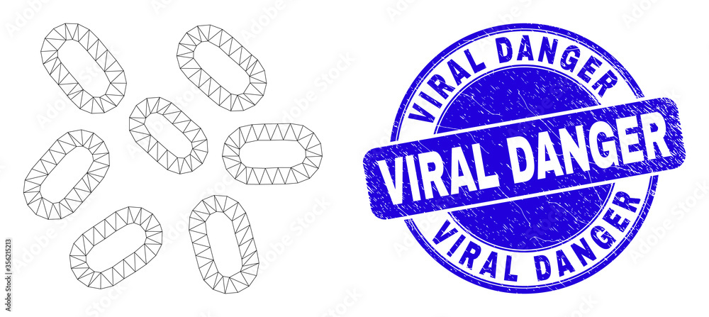 Web mesh microbes pictogram and Viral Danger seal stamp. Blue vector rounded grunge seal stamp with Viral Danger text. Abstract carcass mesh polygonal model created from microbes pictogram. Web mesh microbes pictogram and Viral Danger seal stamp. Blue vector rounded grunge seal stamp with Viral Danger text. Abstract carcass mesh polygonal model created from microbes pictogram.