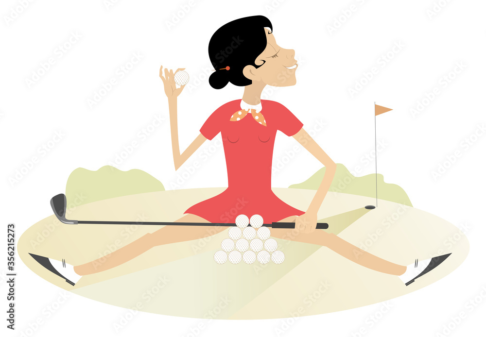Smiling young woman recreates on the golf course illustration. Pretty young woman sits on the grass in front of a pile of golf balls and holds a golf ball and golf club 
