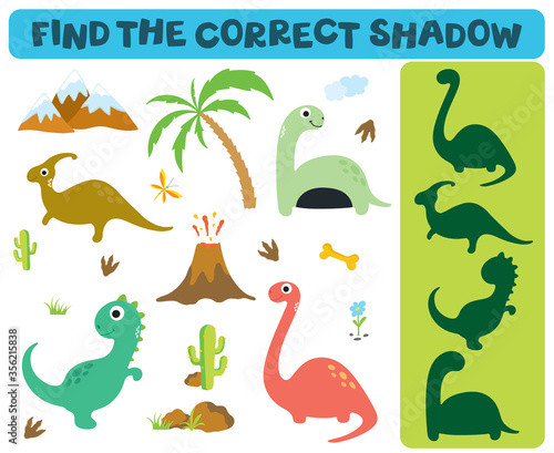 Find the correct shadow: Adorable dinosaurs isolated on white background. Dinosaur footprint, Volcano