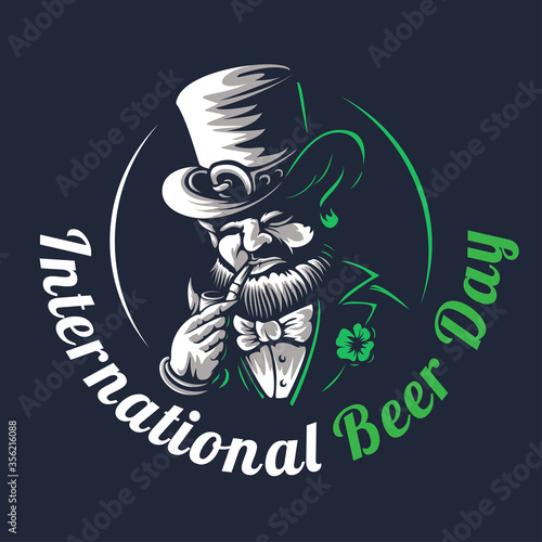 Dwarf with a smoking pipe. Vector elf or leprechaun character illustration on a black background to international beer day celebrating on august