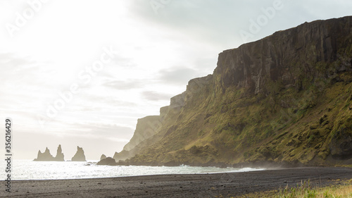 Black Sand beach and dramatic cliff sides in Iceland Landscape during Travels and Arctic Adventures